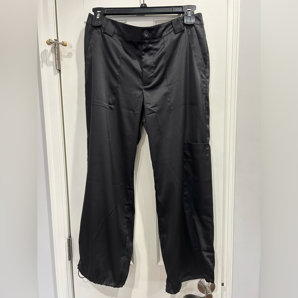 Black satin cargo pants